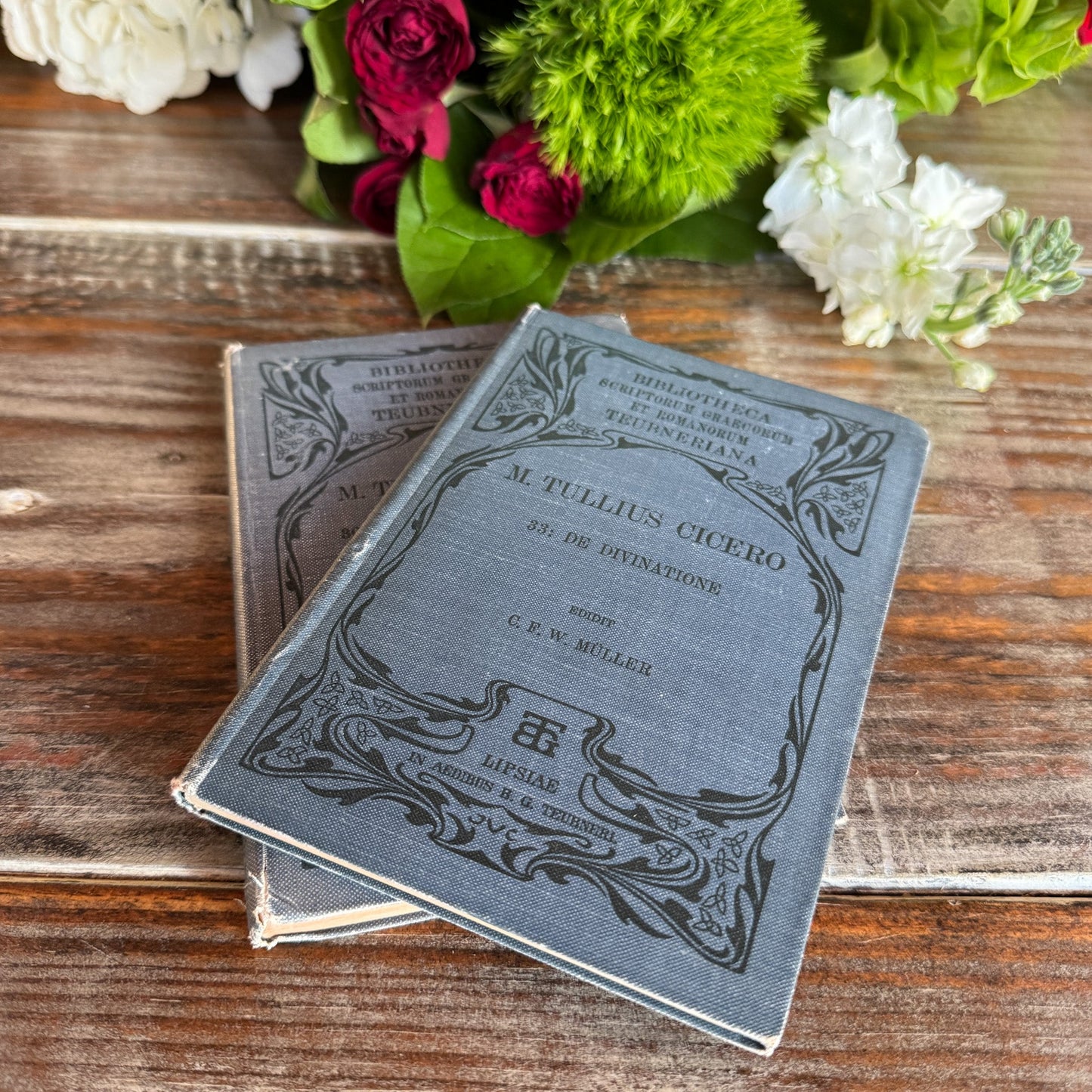 Set of Two Blue Antique Cicero Latin Textbooks - Pretty Old Books