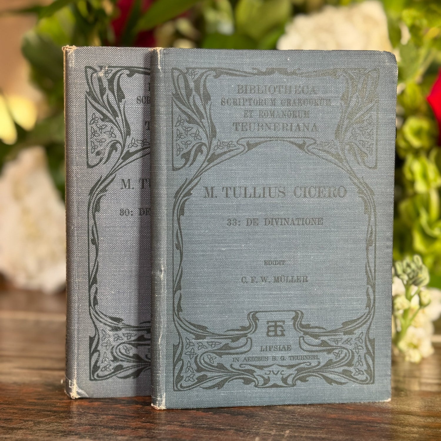 Set of Two Blue Antique Cicero Latin Textbooks - Pretty Old Books