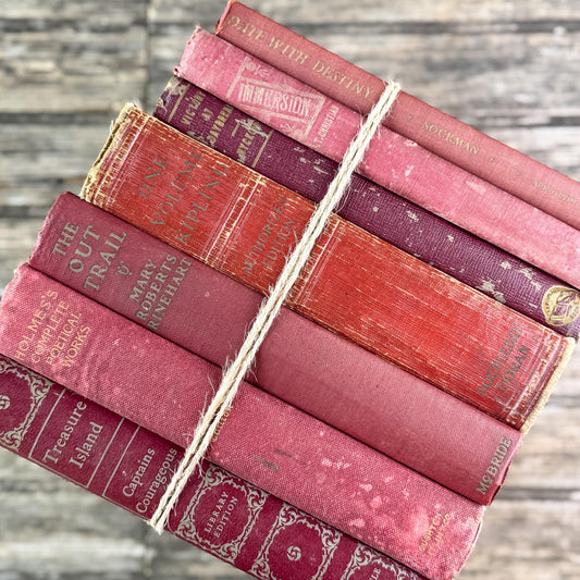 Shabby Faded Red Vintage and Antique Book Bundle for Moody Shelf Styling - Pretty Old Books