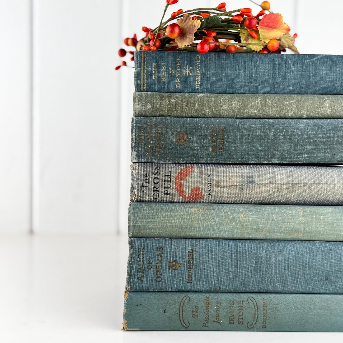 Shabby Old Blue Books for Decor, Faded Vintage Books for Shelf Styling - Pretty Old Books