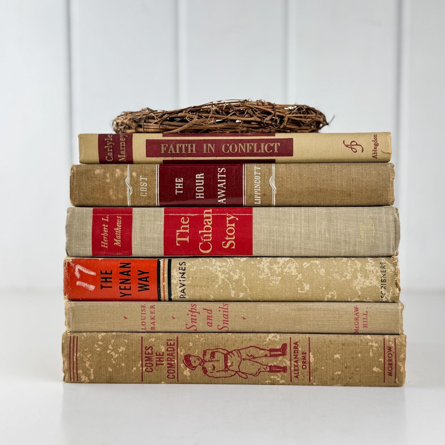 Shabby Vintage Beige Tan and Red Mid - Century Masculine Book Set for Shelf Styling, Office Decor - Pretty Old Books