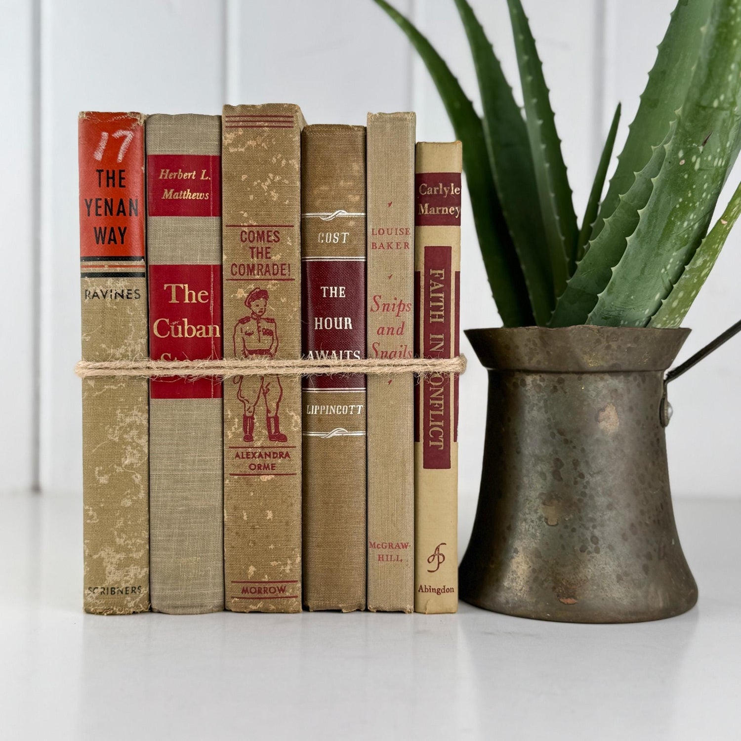 Shabby Vintage Beige Tan and Red Mid - Century Masculine Book Set for Shelf Styling, Office Decor - Pretty Old Books