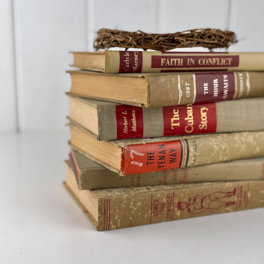 Shabby Vintage Beige Tan and Red Mid - Century Masculine Book Set for Shelf Styling, Office Decor - Pretty Old Books