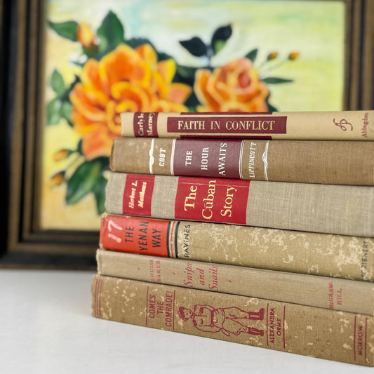 Shabby Vintage Beige Tan and Red Mid - Century Masculine Book Set for Shelf Styling, Office Decor - Pretty Old Books