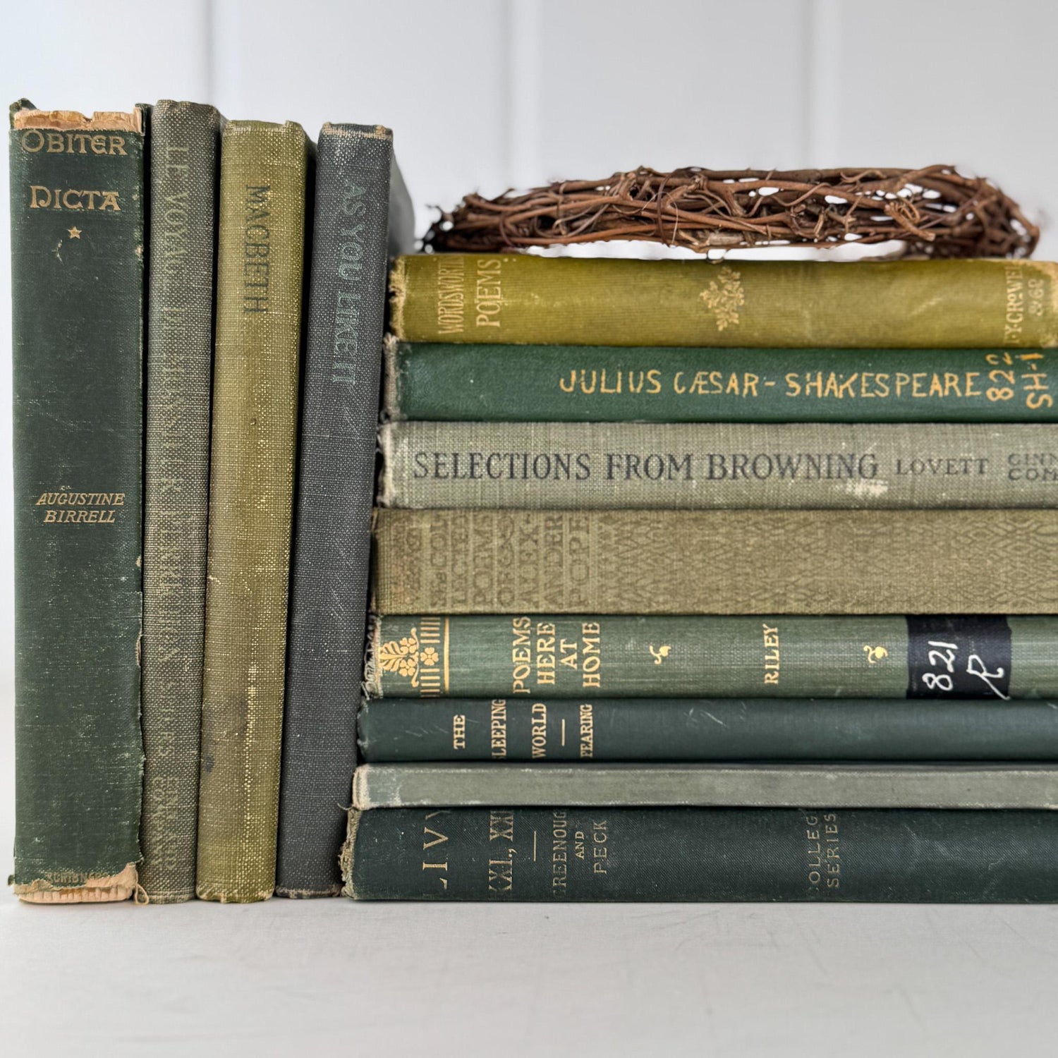 Small Antique Green Book Bundle of Shakespeare, Classics, Poetry - Pretty Old Books