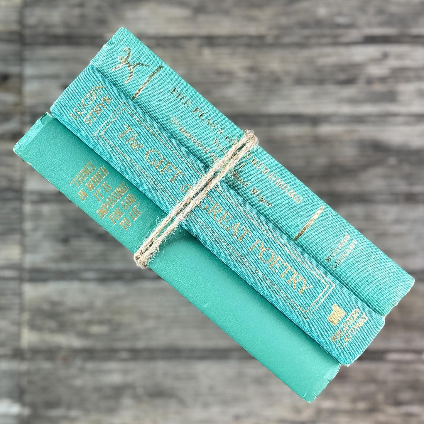 Small Vintage Teal Green Book Bundle for Coastal Decor - Pretty Old Books