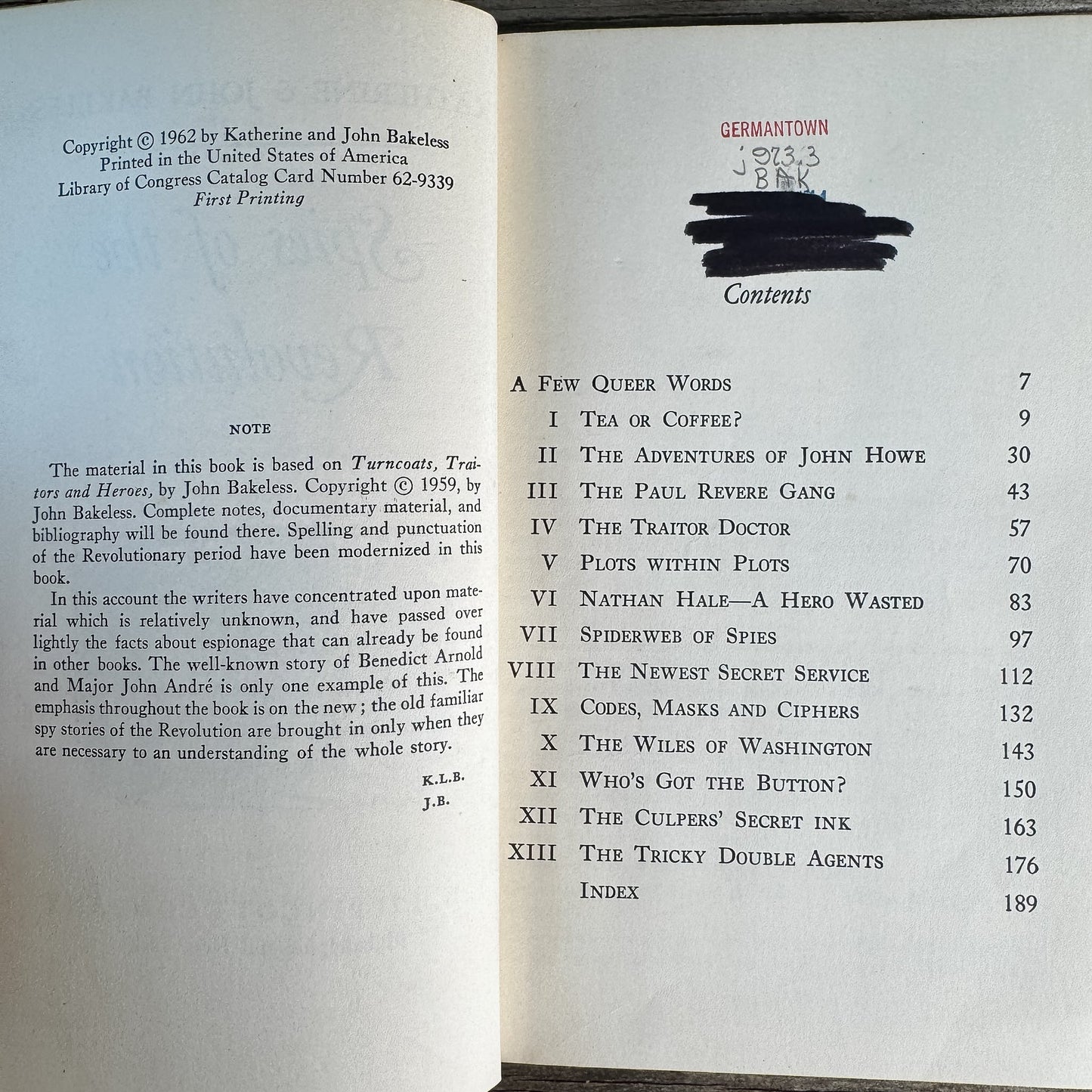 Spies of the Revolution, Katherine and John Bakeless, 1962, First Printing - Pretty Old Books