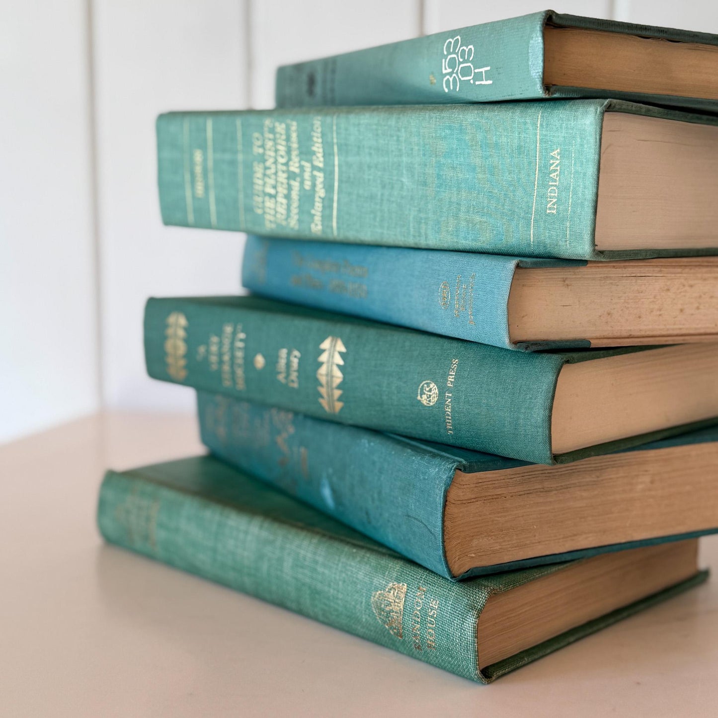 Teal And Aqua Vintage Book Stack for Shelf Styling and Decorating - Pretty Old Books