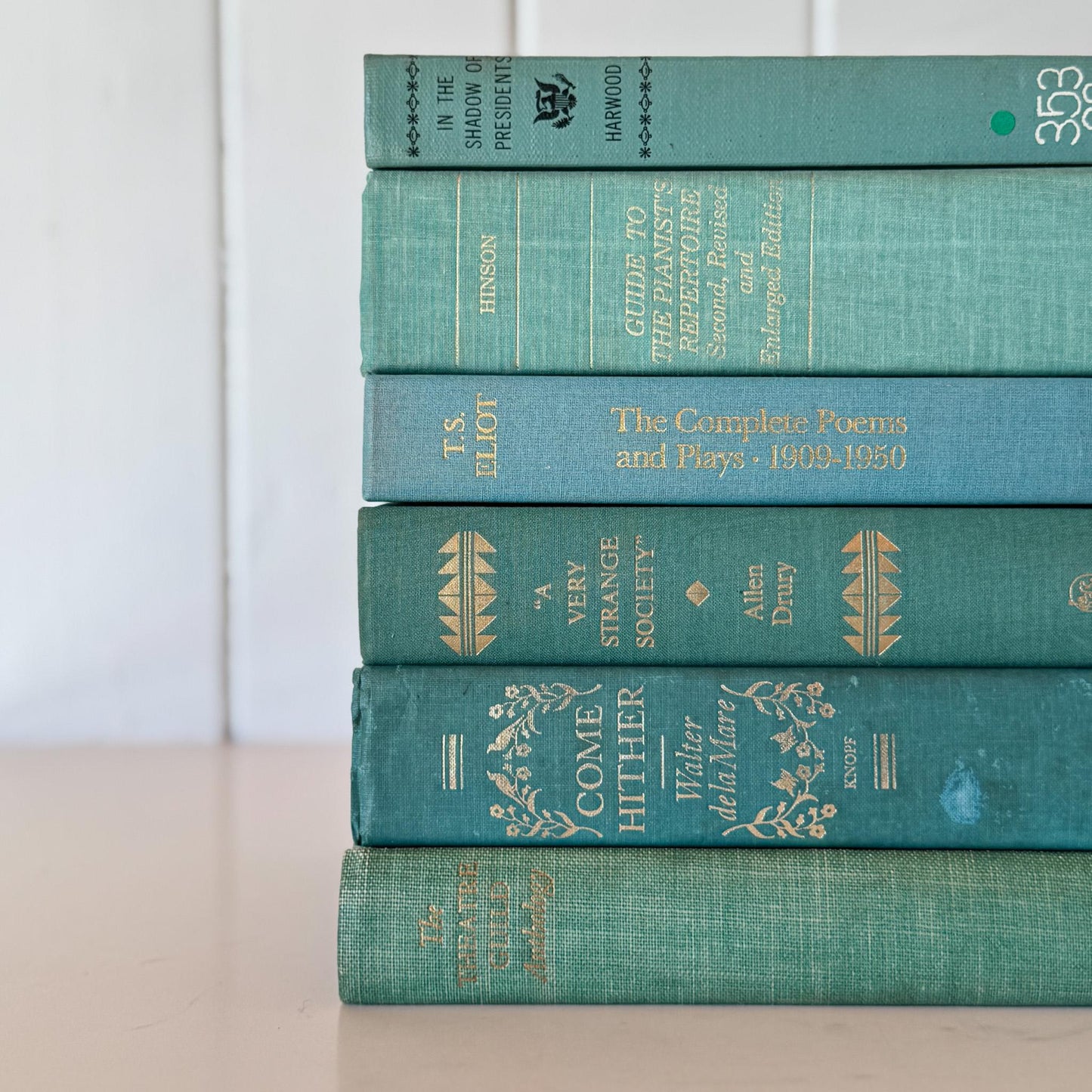 Teal And Aqua Vintage Book Stack for Shelf Styling and Decorating - Pretty Old Books