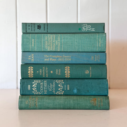 Teal And Aqua Vintage Book Stack for Shelf Styling and Decorating - Pretty Old Books