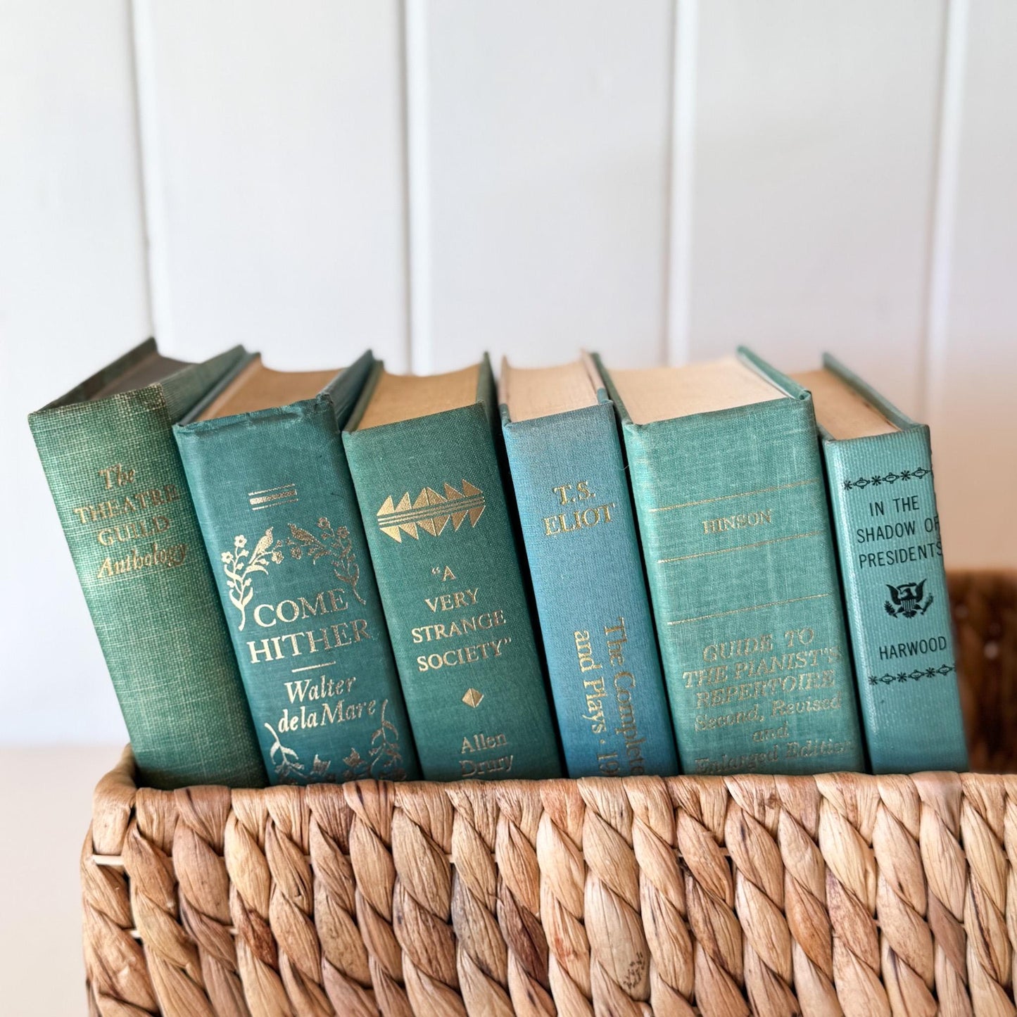 Teal And Aqua Vintage Book Stack for Shelf Styling and Decorating - Pretty Old Books