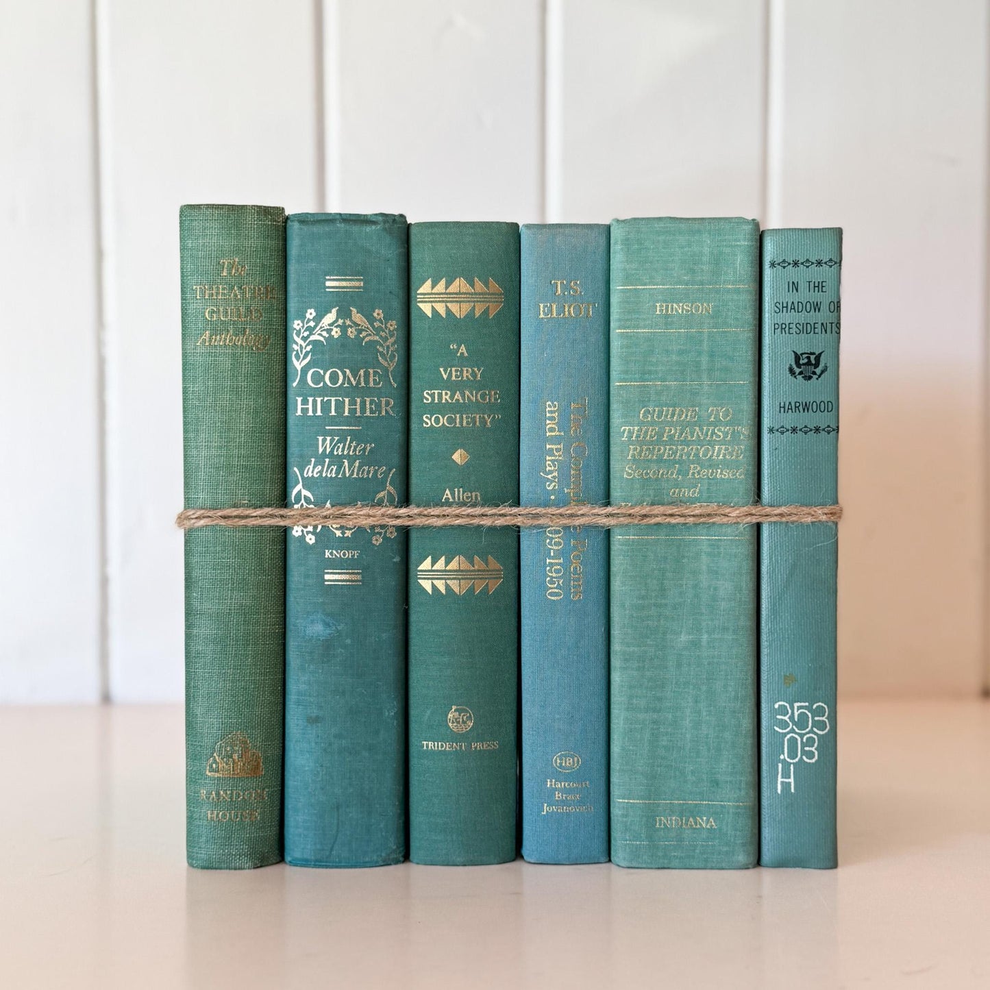 Teal And Aqua Vintage Book Stack for Shelf Styling and Decorating - Pretty Old Books