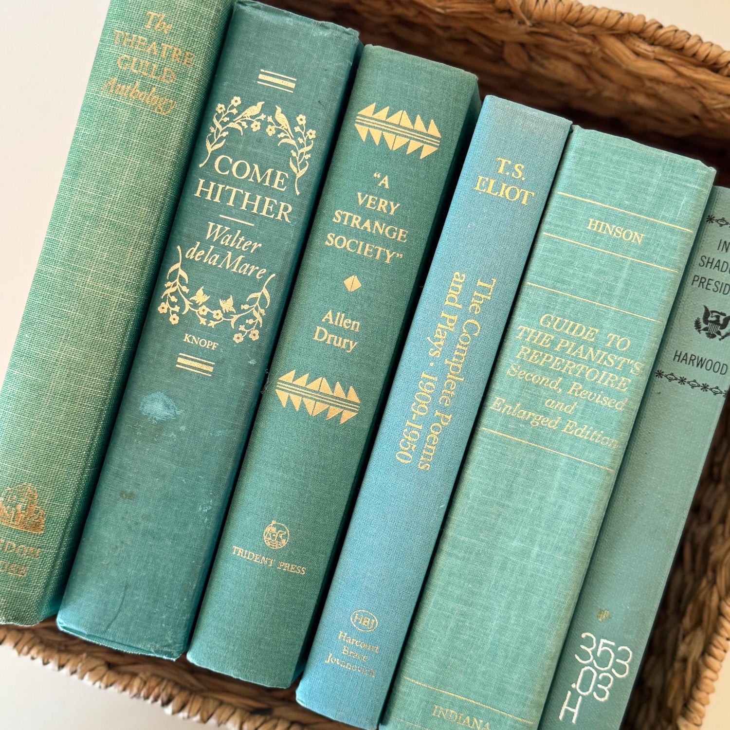 Teal And Aqua Vintage Book Stack for Shelf Styling and Decorating - Pretty Old Books