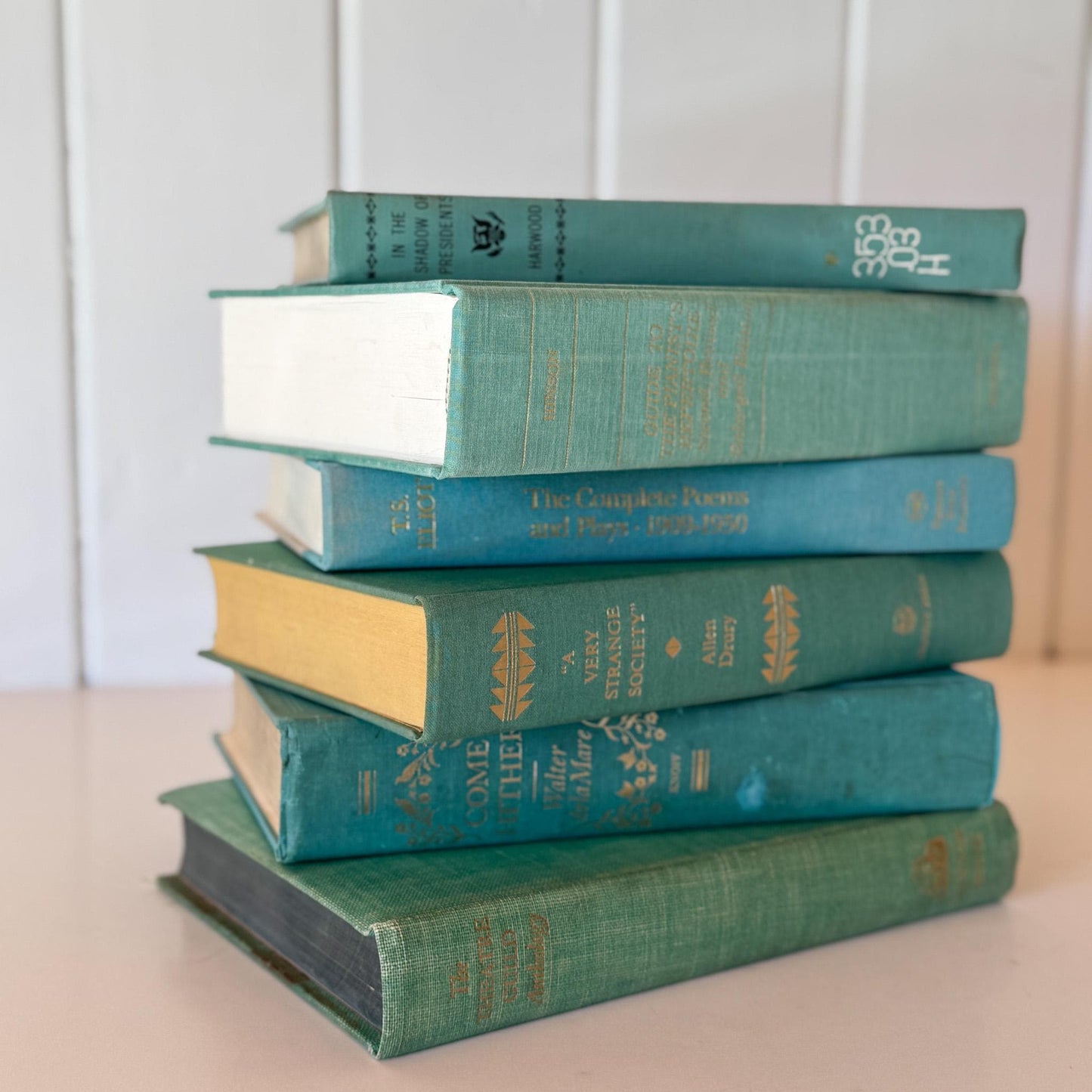 Teal And Aqua Vintage Book Stack for Shelf Styling and Decorating - Pretty Old Books