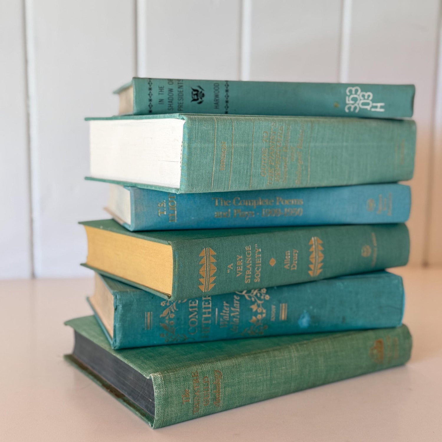 Teal And Aqua Vintage Book Stack for Shelf Styling and Decorating - Pretty Old Books