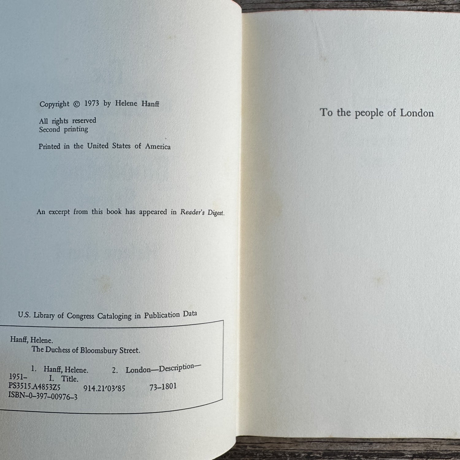 The Duchess of Bloomsbury Street, Helene Hanff, 1973, Second Printing - Pretty Old Books