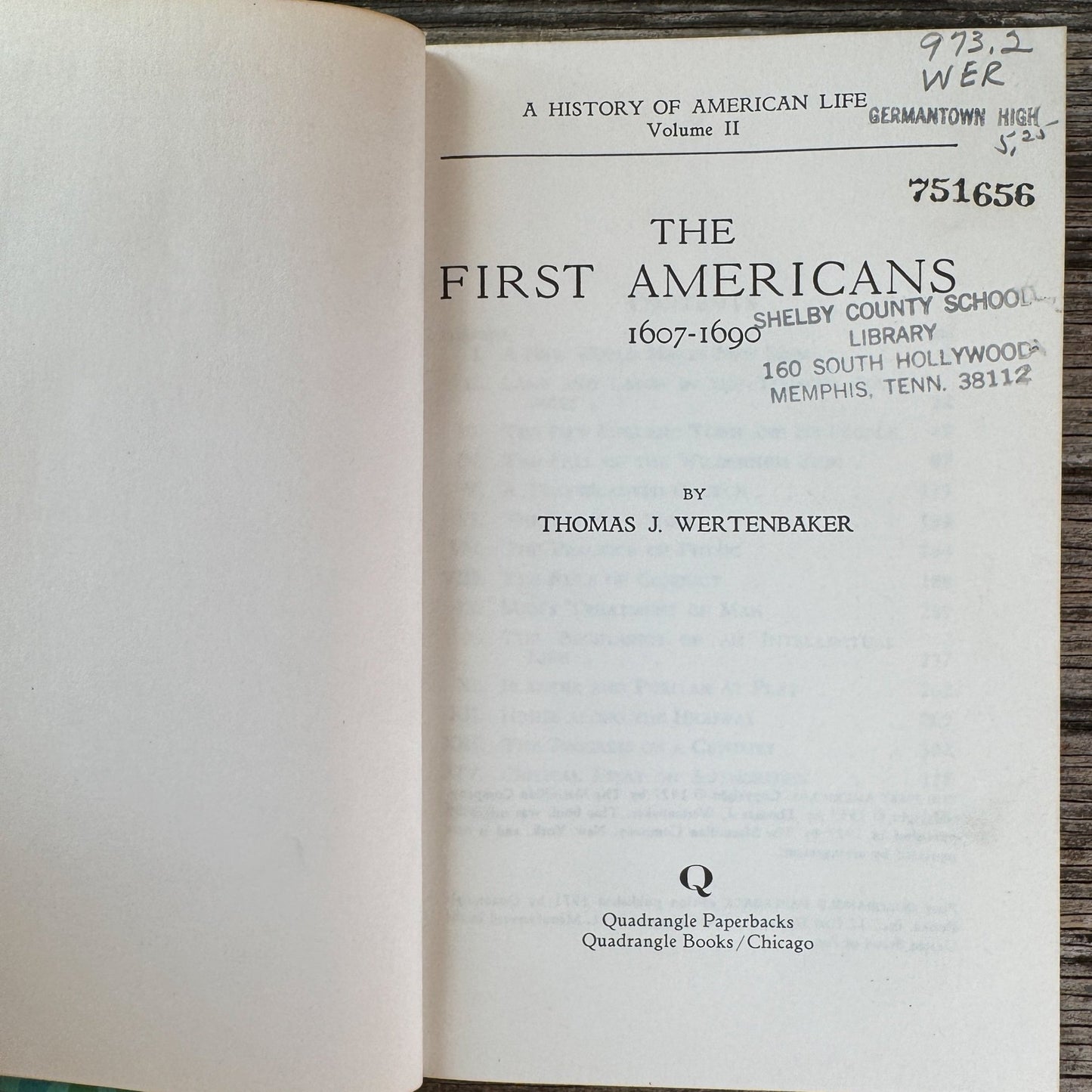 The First Americans, 1607-1690, Thomas J. Wertenbaker, Quadrangle Paperback Edition, 1971 - Pretty Old Books