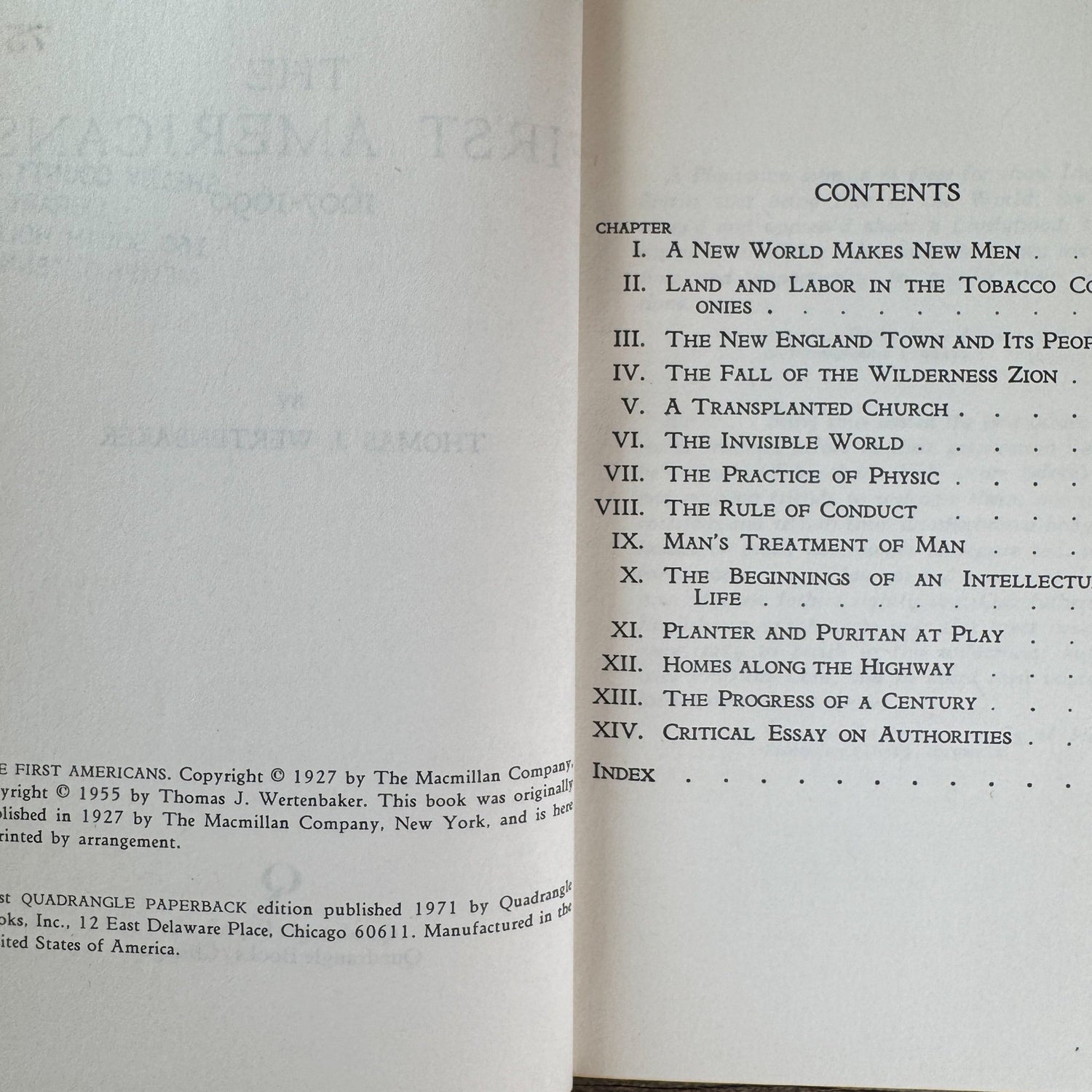 The First Americans, 1607-1690, Thomas J. Wertenbaker, Quadrangle Paperback Edition, 1971 - Pretty Old Books