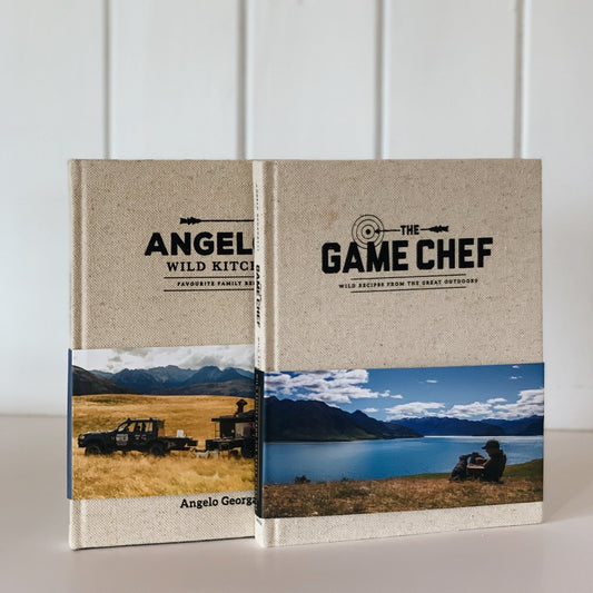 The Game Chef and Angelo's Wild Kitchen, Angelo Georgalli, Neutral Linen Cookbook Set - Pretty Old Books