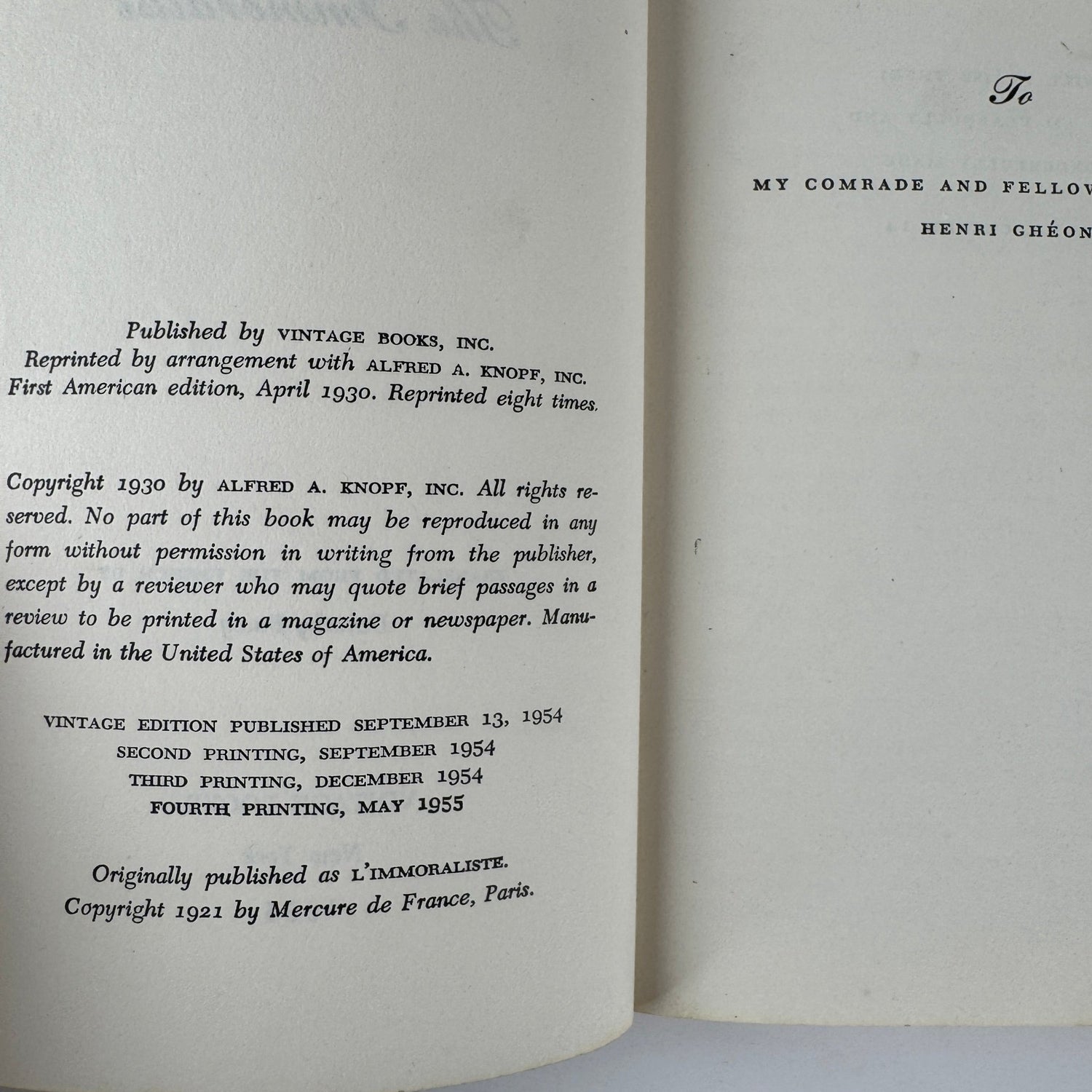 The Immoralist, Andre Gide, Vintage Paperback 1955 - Pretty Old Books