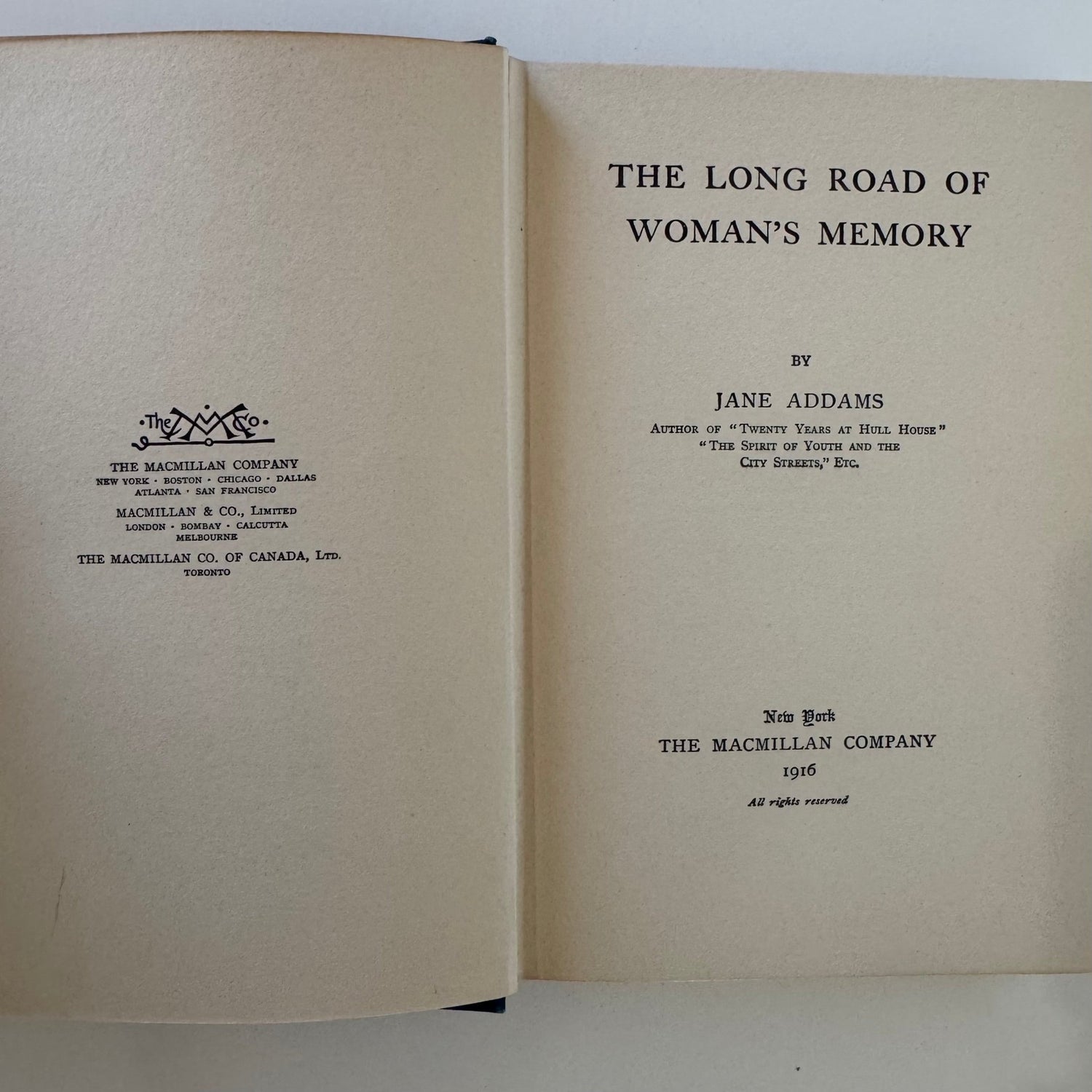 The Long Road of Woman's Memory, Jane Addams, First Edition 1916 - Pretty Old Books