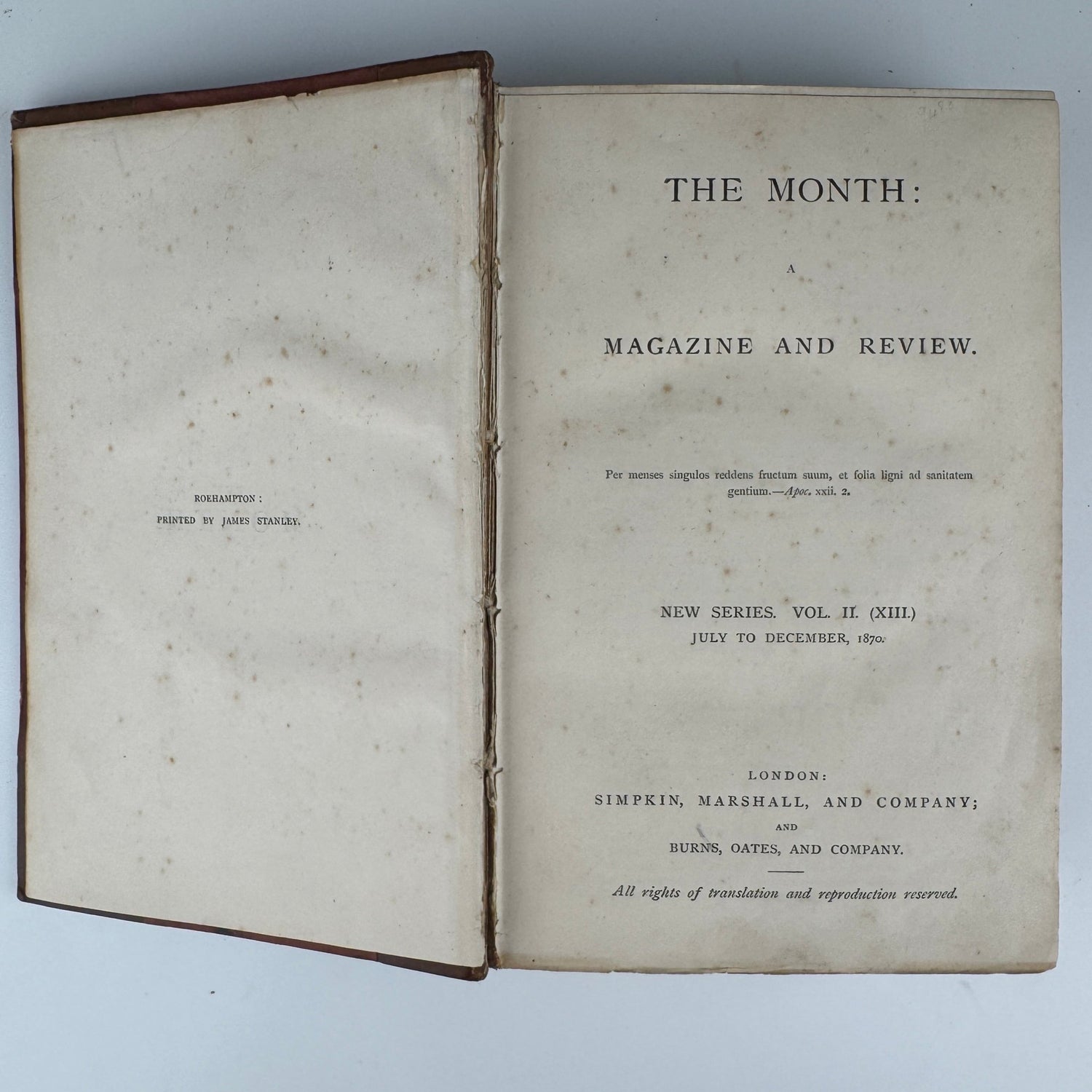 The Month: A Magazine and Review, July–December 1870, Catholic, Convent Copy - Pretty Old Books