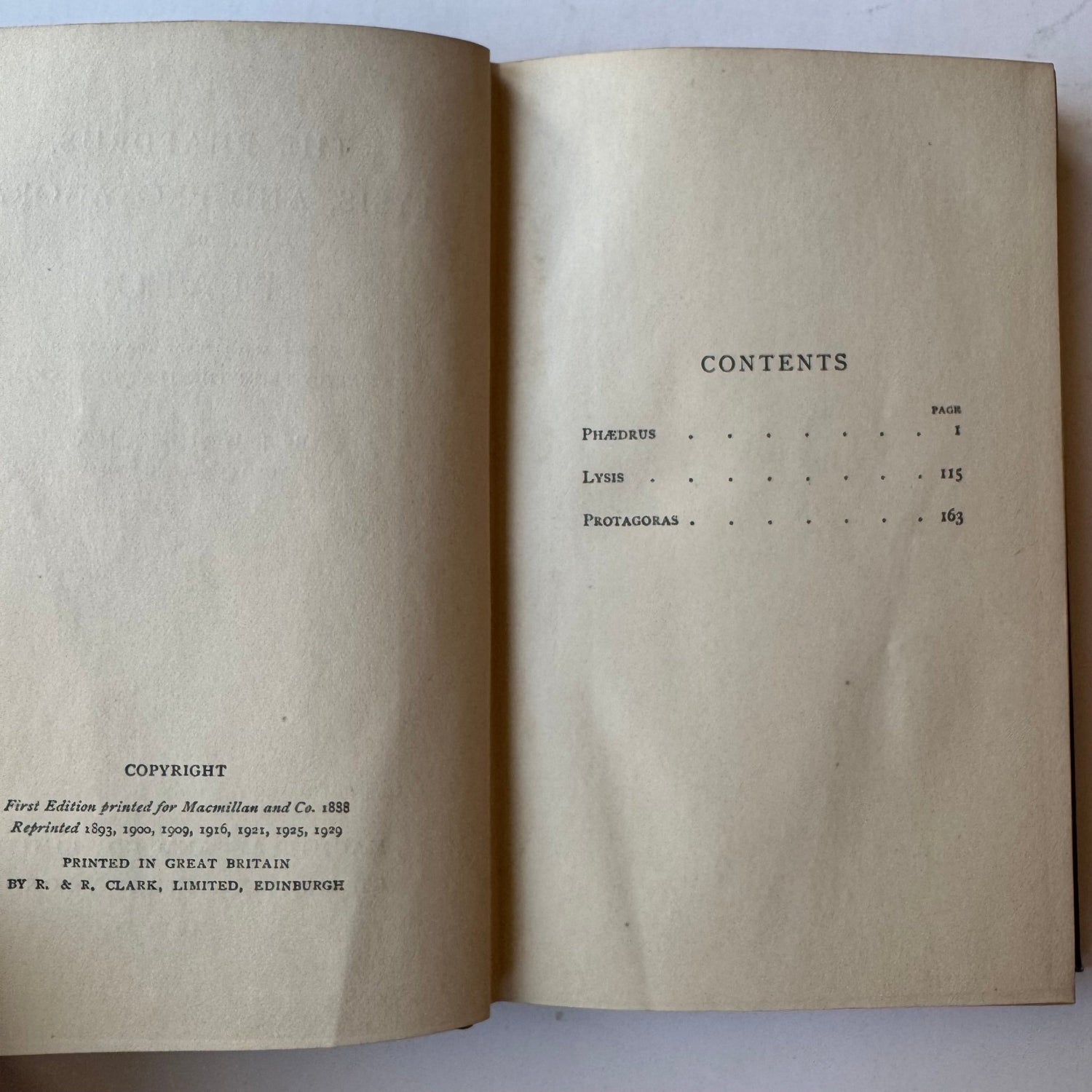The Phaedrus, Lysis, and Protagoras of Plato, Golden Treasury Series, 1929 - Pretty Old Books