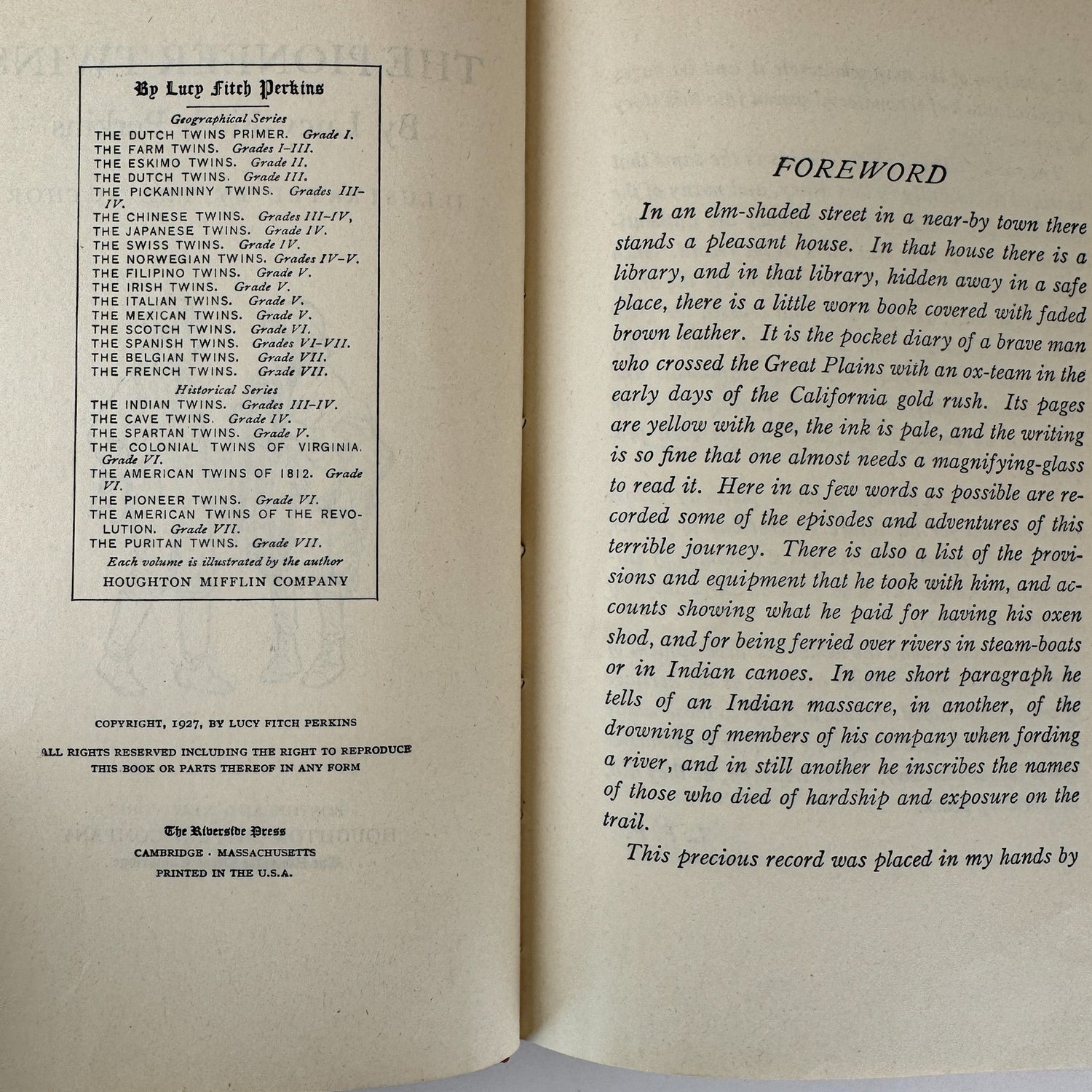 The Pioneer Twins, Lucy Fitch Perkins, 1927, Kids Historical Fiction - Pretty Old Books