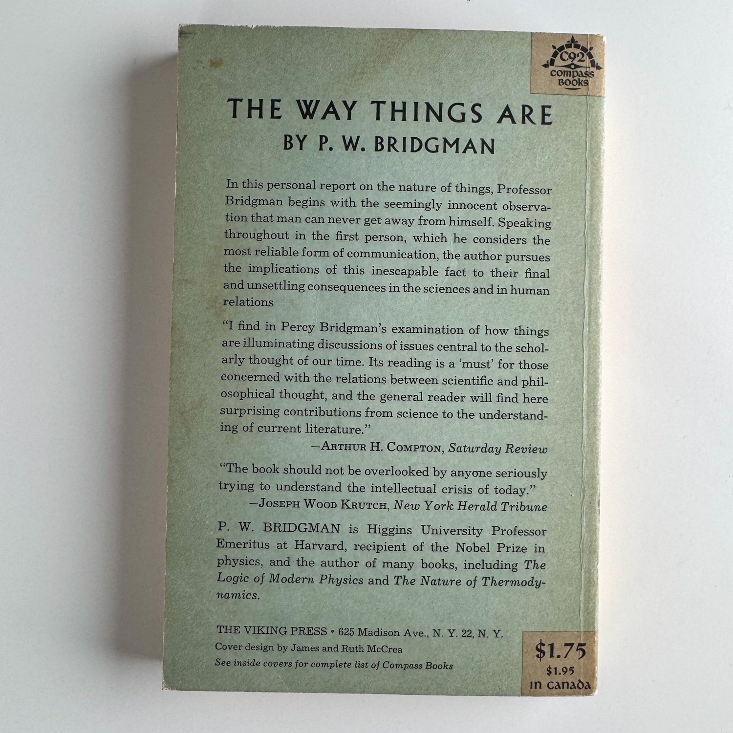 The Way Things Are, P.W. Bridgman, Nobel Prize Physicist, 1961 Compass Edition - Pretty Old Books