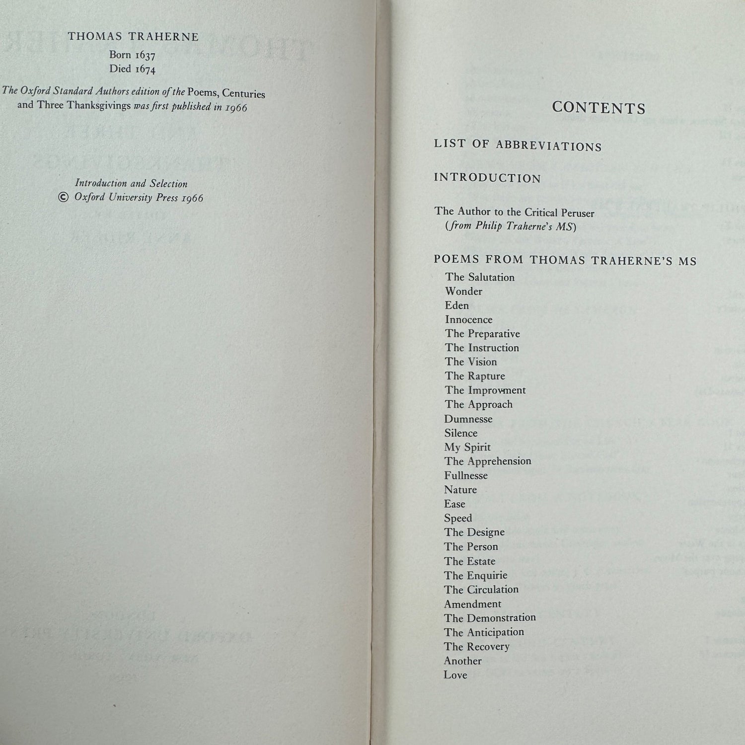 Thomas Traherne: Poems, Centuries and Three Thanksgivings, Edited by Anne Ridler, 1966 - Pretty Old Books