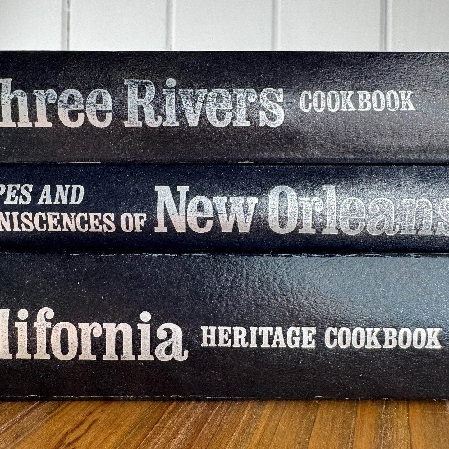 Three Navy Blue Regional Cookbooks: California, New Orleans, Three Rivers, 1970s, Doubleday - Pretty Old Books