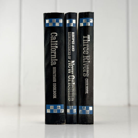 Three Navy Blue Regional Cookbooks: California, New Orleans, Three Rivers, 1970s, Doubleday - Pretty Old Books