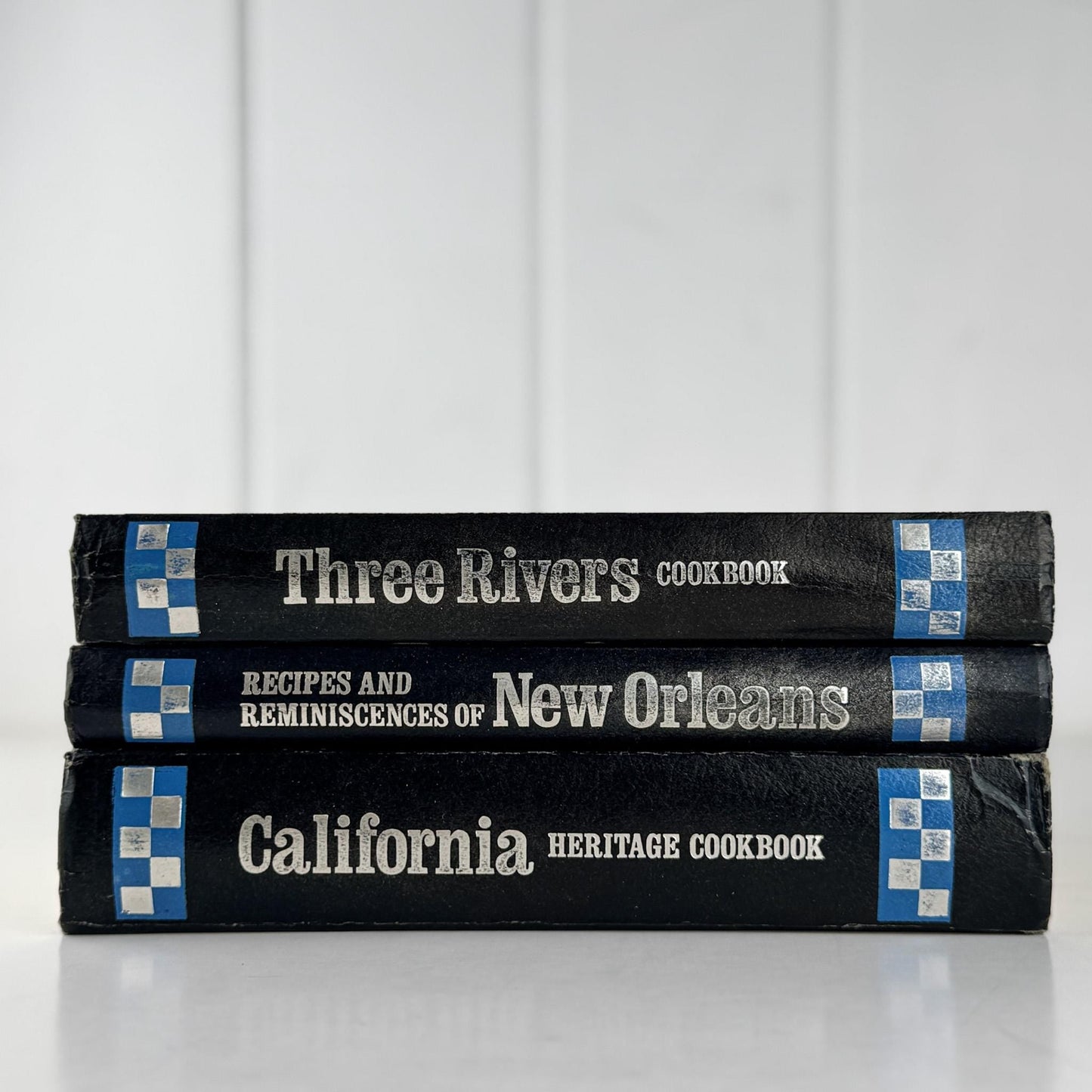Three Navy Blue Regional Cookbooks: California, New Orleans, Three Rivers, 1970s, Doubleday - Pretty Old Books