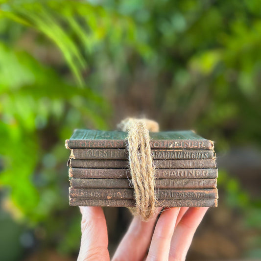 Tiny Antique Green Little Leather Library Book Set of 7 - Pretty Old Books