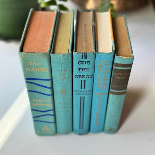 Turquoise Blue Shabby Vintage Mid Century Books for Shelf Styling - Pretty Old Books