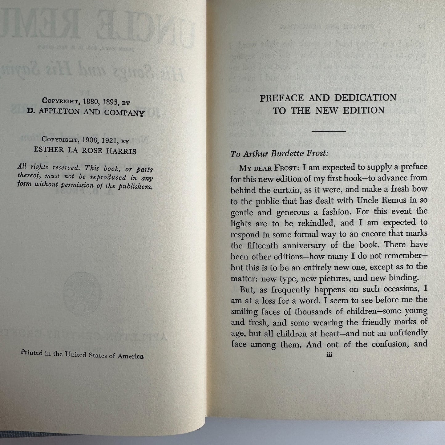Uncle Remus: His Songs and His Sayings, Joel Chandler Harris, 1921 Appleton century Crofts - Pretty Old Books