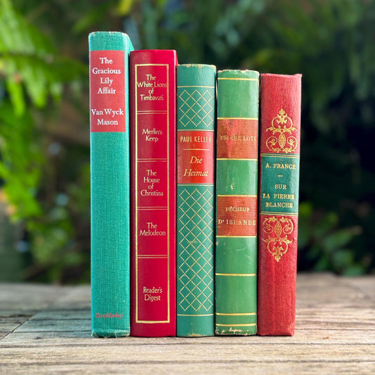Vintage and Antique European Red, Green and Gold Book Bundle For Holiday Styling - Pretty Old Books