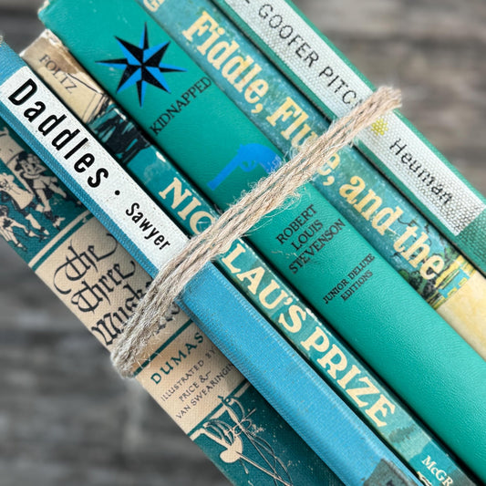 Vintage Aqua Blue and Teal Green Children's Books for Bookshelf Decor - Pretty Old Books