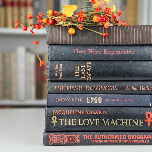 Vintage Black and Orange Book Bundle for Halloween Shelf Styling and Gothic Decor - Pretty Old Books