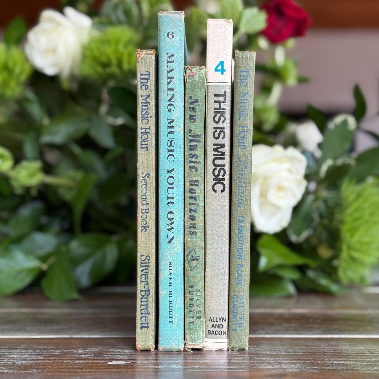 Vintage Blue and Green Music School Books for Shelf Styling - Pretty Old Books
