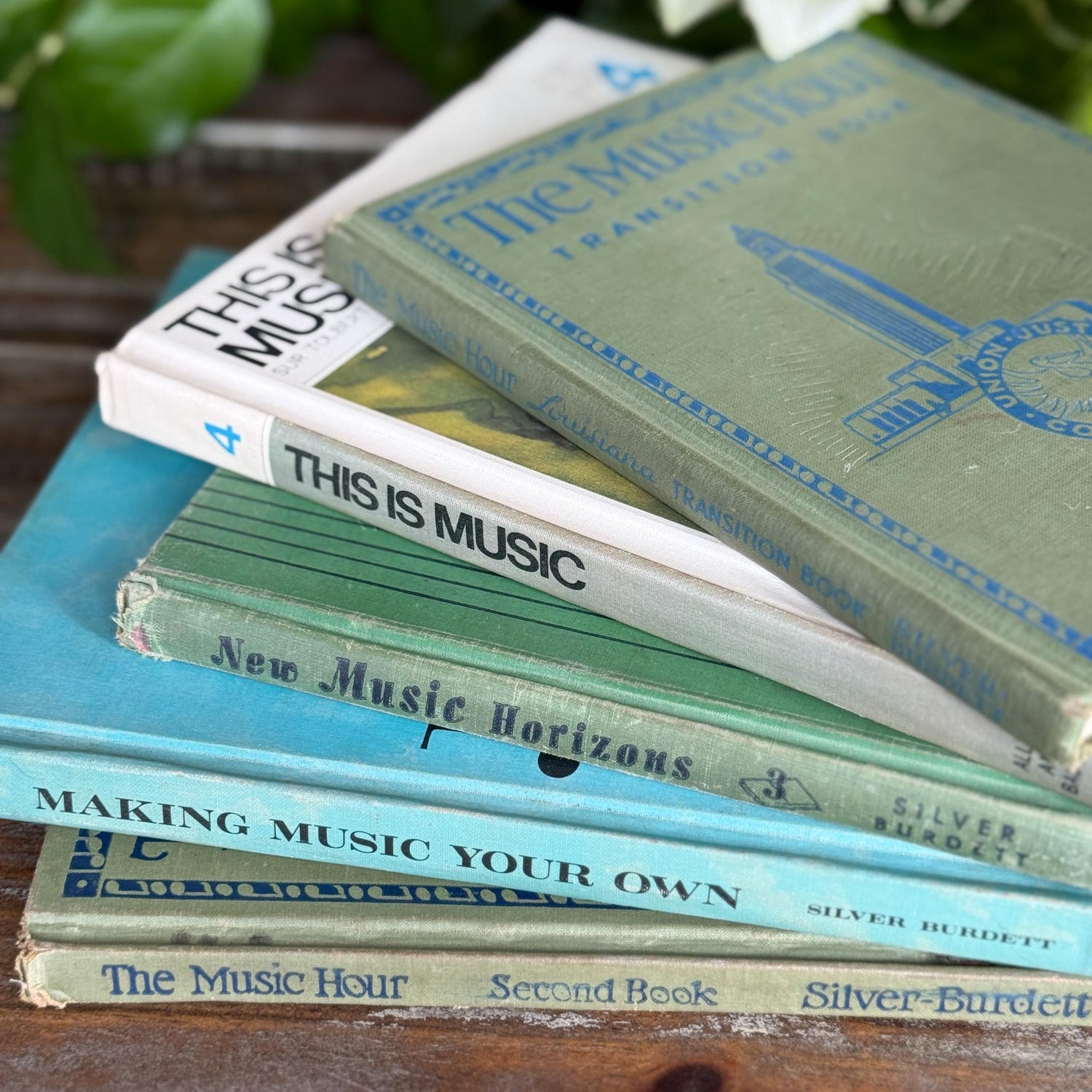 Vintage Blue and Green Music School Books for Shelf Styling - Pretty Old Books
