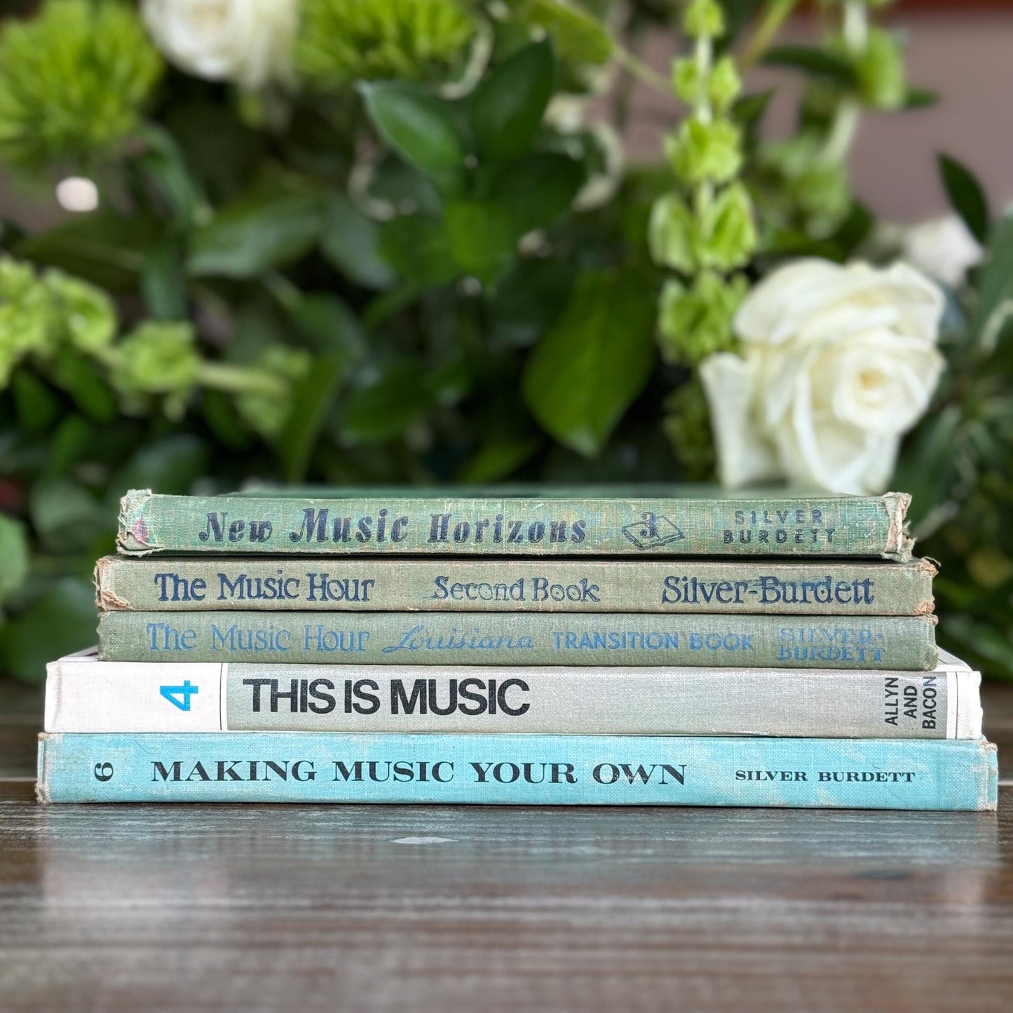 Vintage Blue and Green Music School Books for Shelf Styling - Pretty Old Books