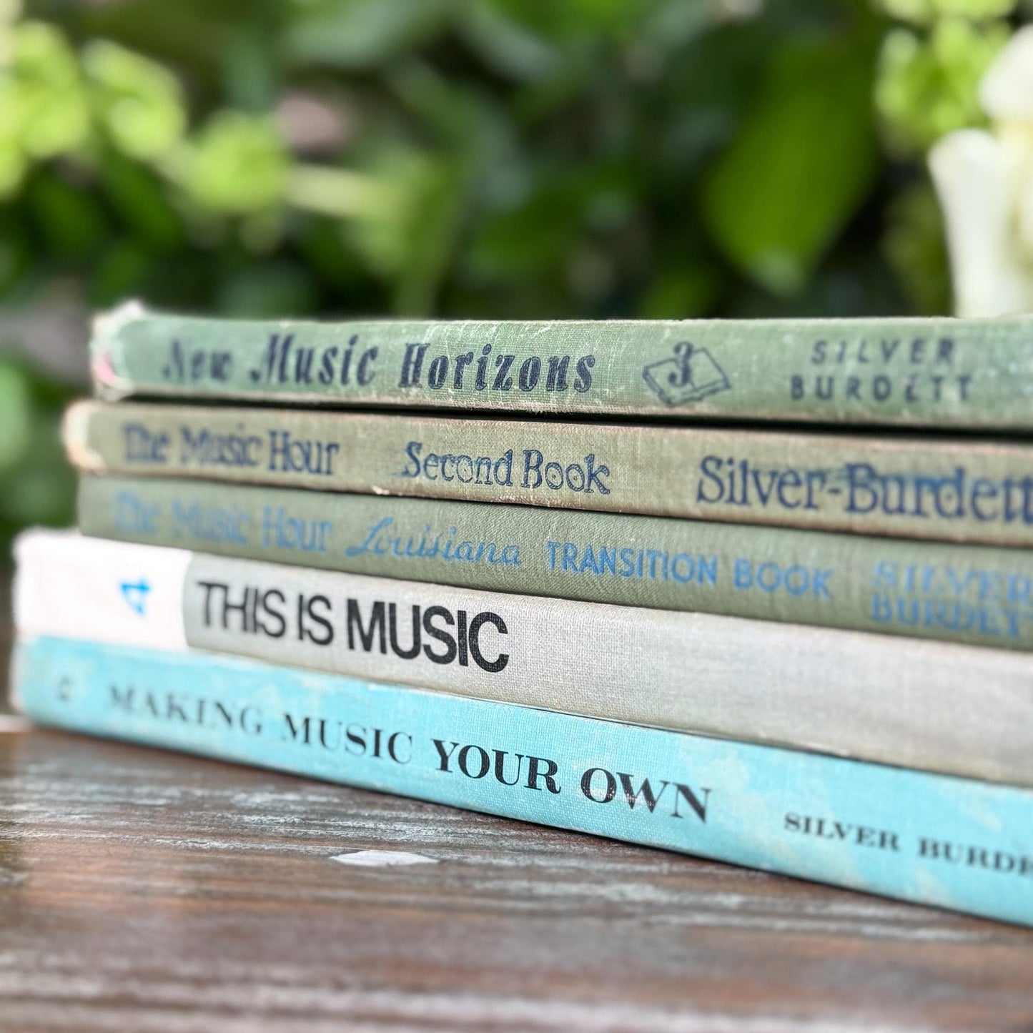Vintage Blue and Green Music School Books for Shelf Styling - Pretty Old Books