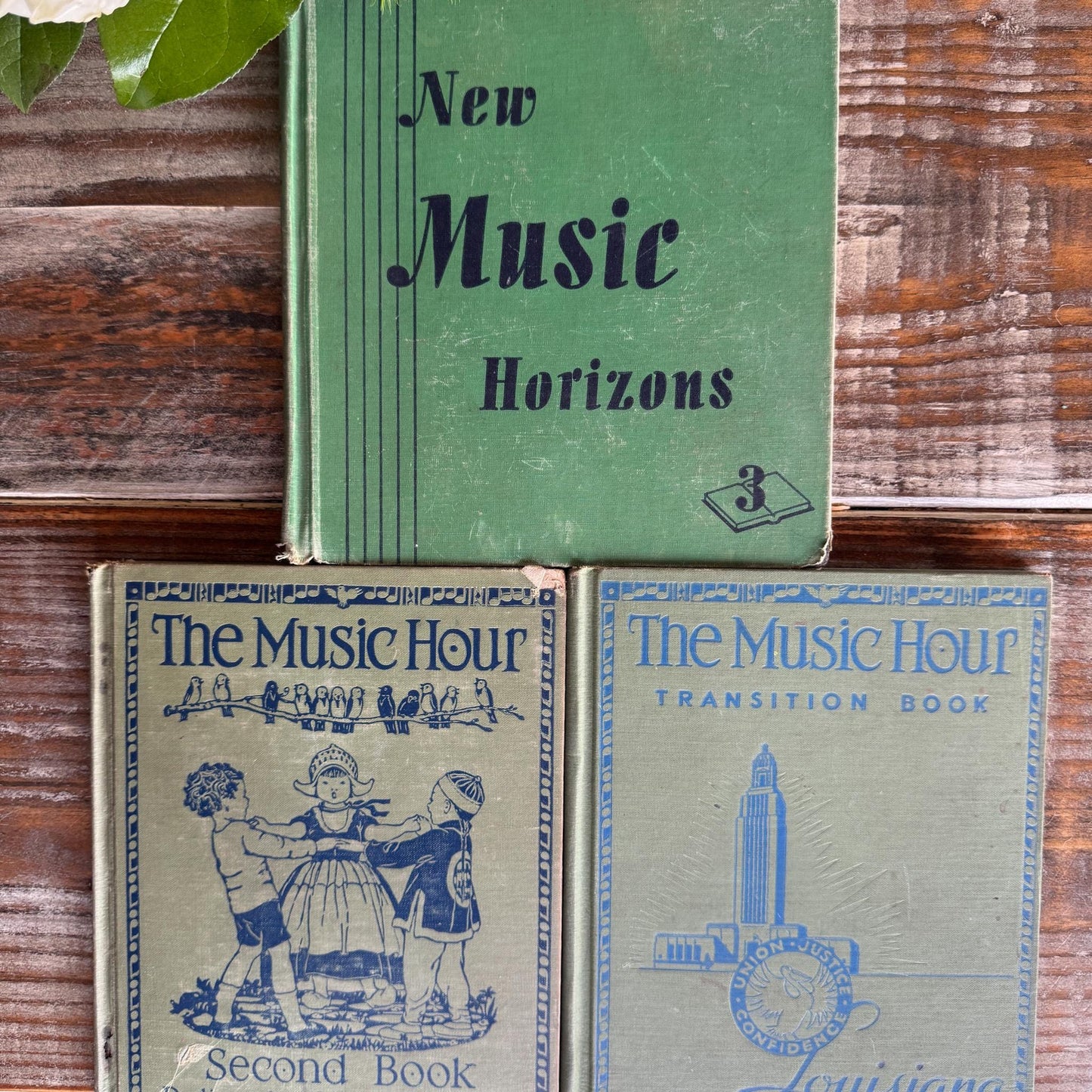 Vintage Blue and Green Music School Books for Shelf Styling - Pretty Old Books