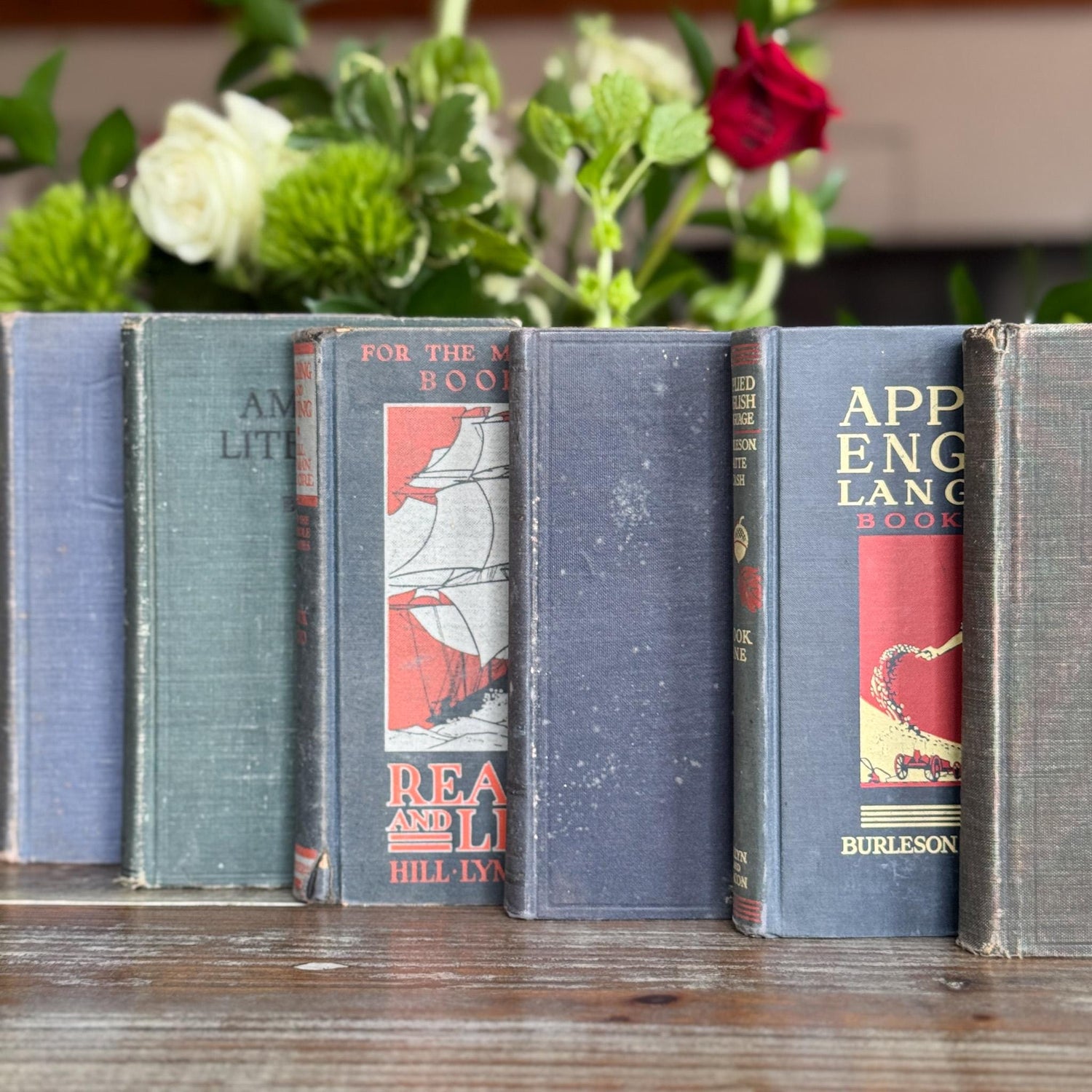 Vintage Blue English Literature Textbook Set for Dark Academia Shelf Styling - Pretty Old Books