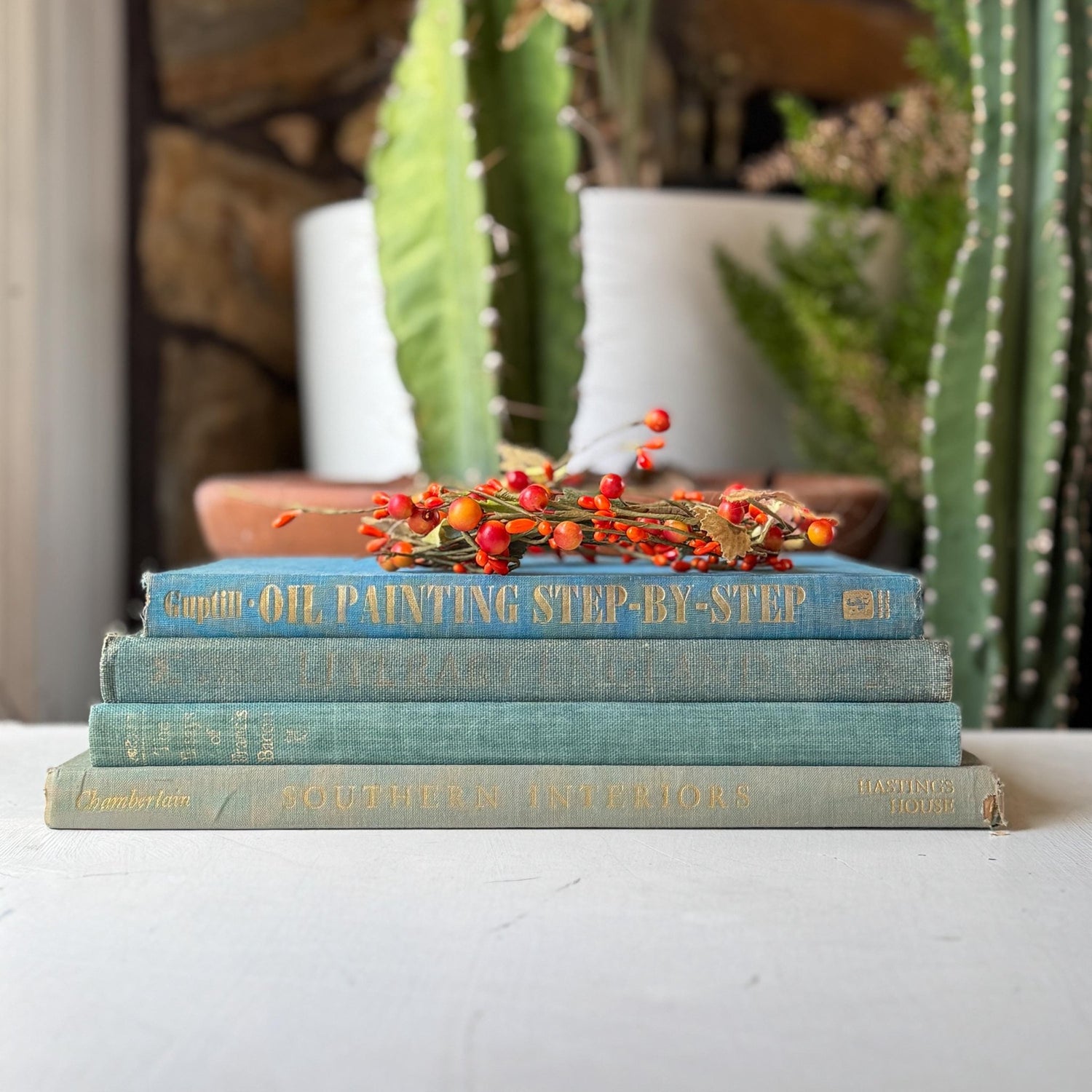 Vintage Blue Gray Oversized Art, Design, and Literature Book Bundle for Coffee Table Decor - Pretty Old Books