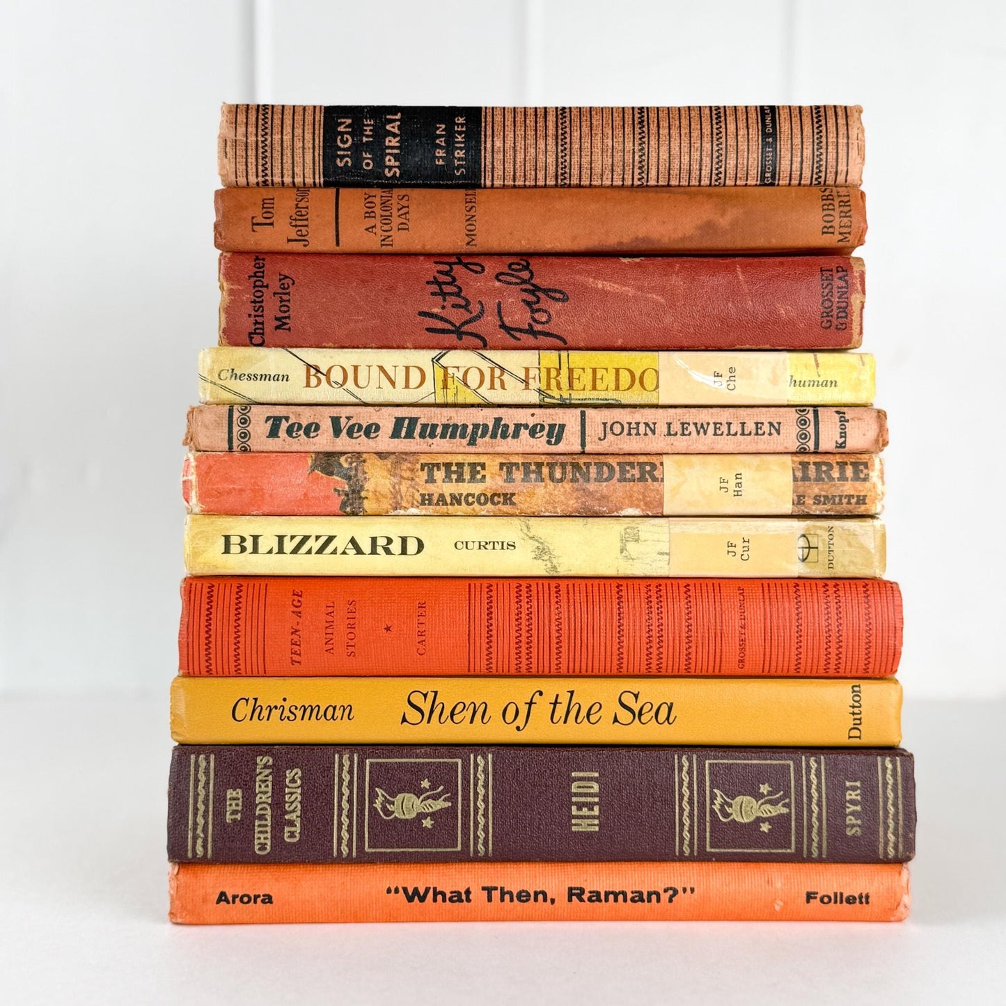 Vintage Children's Shabby Book Bundle in Orange, yellow, Mustard, and Red for Shelf Styling - Pretty Old Books
