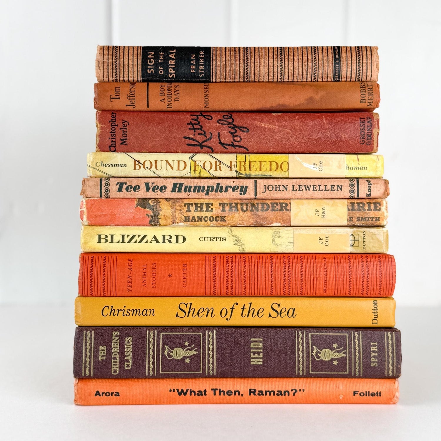Vintage Children's Shabby Book Bundle in Orange, yellow, Mustard, and Red for Shelf Styling - Pretty Old Books
