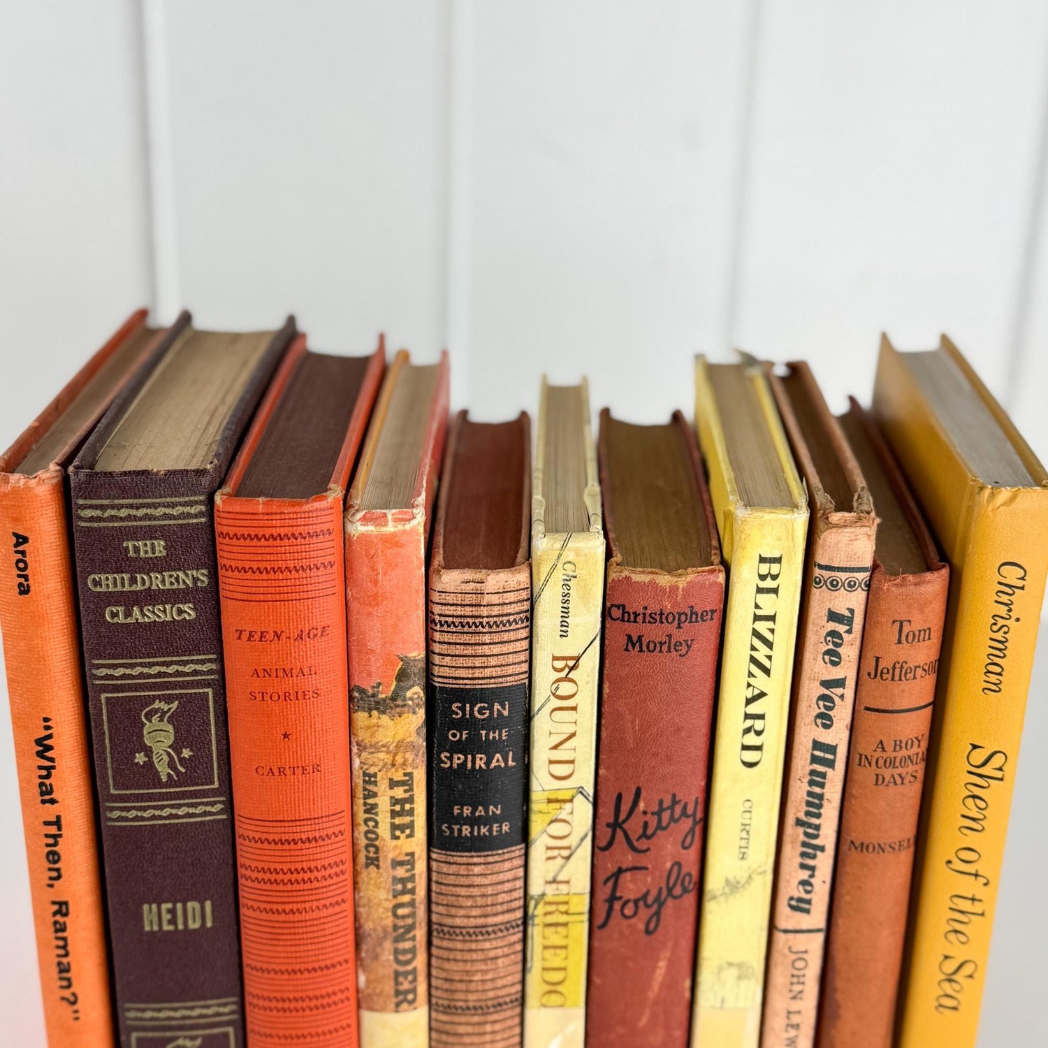 Vintage Children's Shabby Book Bundle in Orange, yellow, Mustard, and Red for Shelf Styling - Pretty Old Books