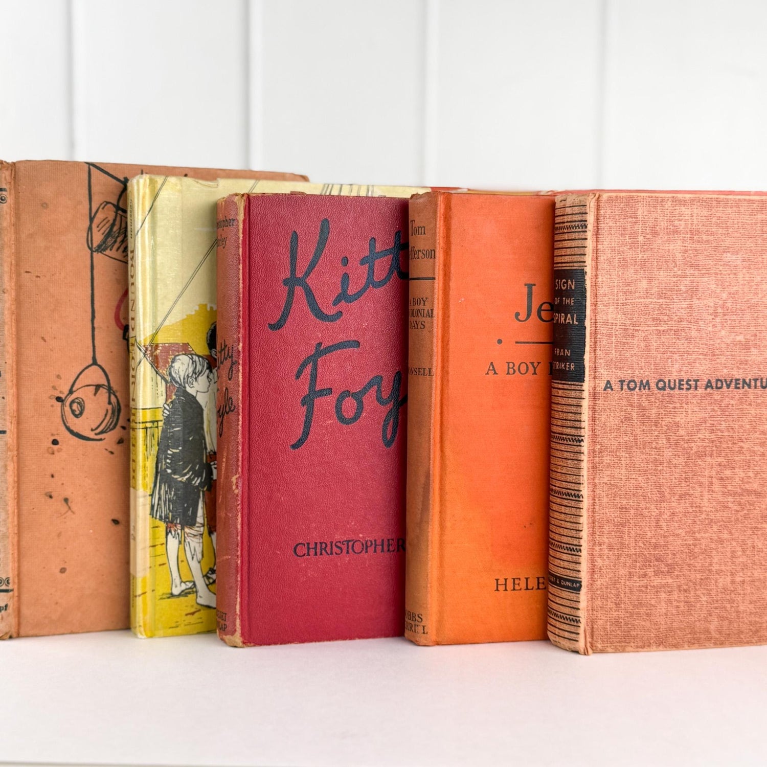 Vintage Children's Shabby Book Bundle in Orange, yellow, Mustard, and Red for Shelf Styling - Pretty Old Books